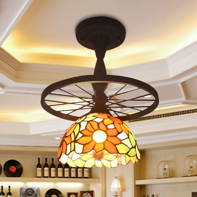 Plafoniera cupola con griglia 1 testa con motivo girasole/vittoriano/diamante/quadrato Tiffany vetro antico con montaggio...