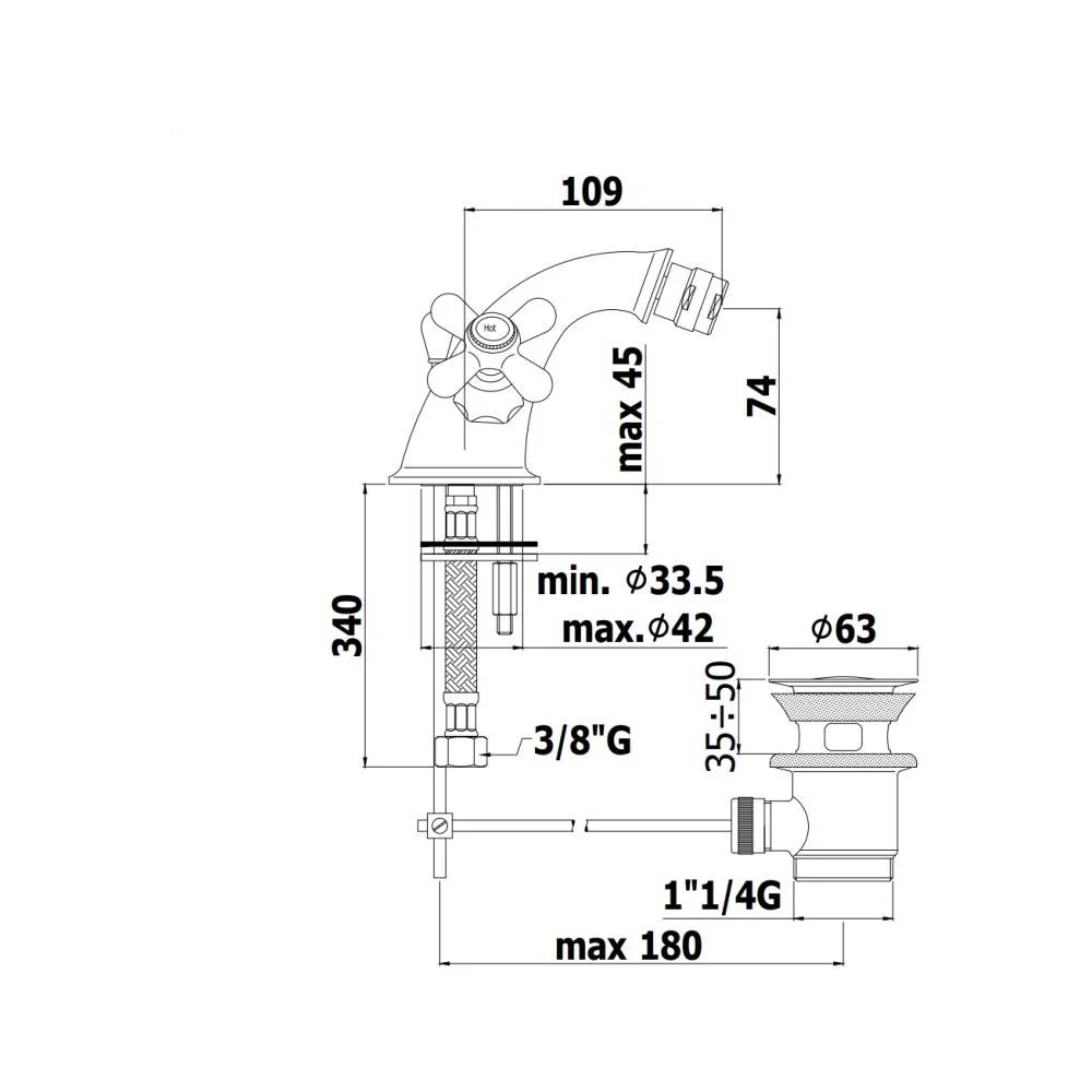 Kit de Tubo Exudante Grifo monomando para bidé con desagüe serie Iris modelo IRV125CO cromado oro Paffoni