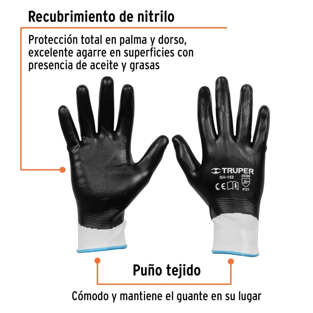 Guantes de poliéster con recubrimiento de nitrilo, medianos con Protección UPF 50+