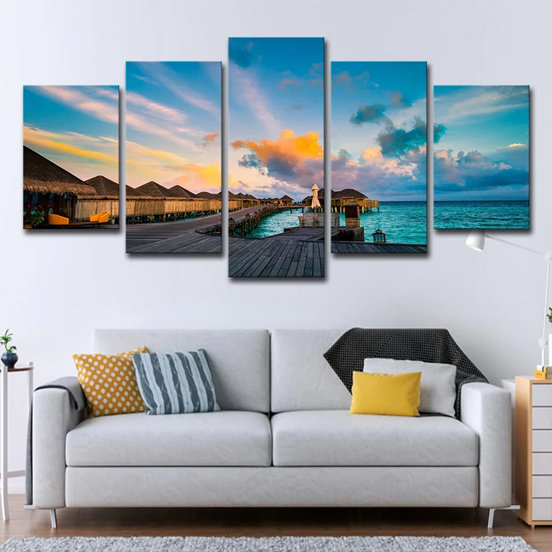 Casa Nido para Maldivas Sunset View Wall Art Impresión en lienzo de hotel tropical de varias piezas en azul Azul