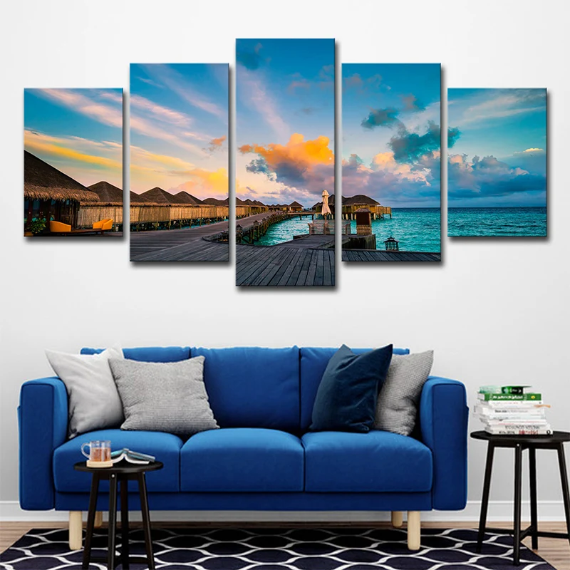Casa Nido para Maldivas Sunset View Wall Art Impresión en lienzo de hotel tropical de varias piezas en azul Azul