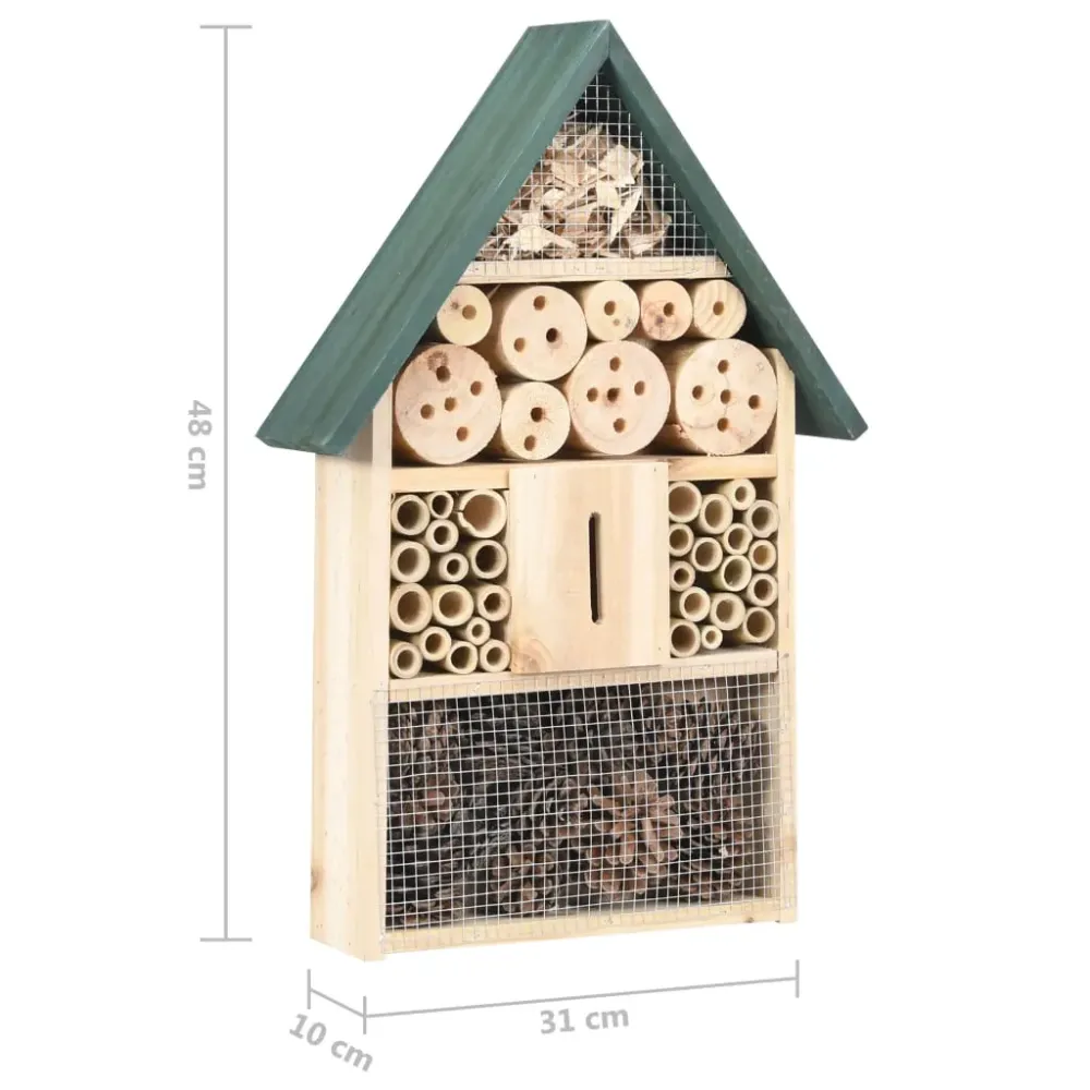 Hotel de insectos madera de abeto natural/verde 48x31x10 cm | Resistente la Lluvia | Fácil de Rellenar