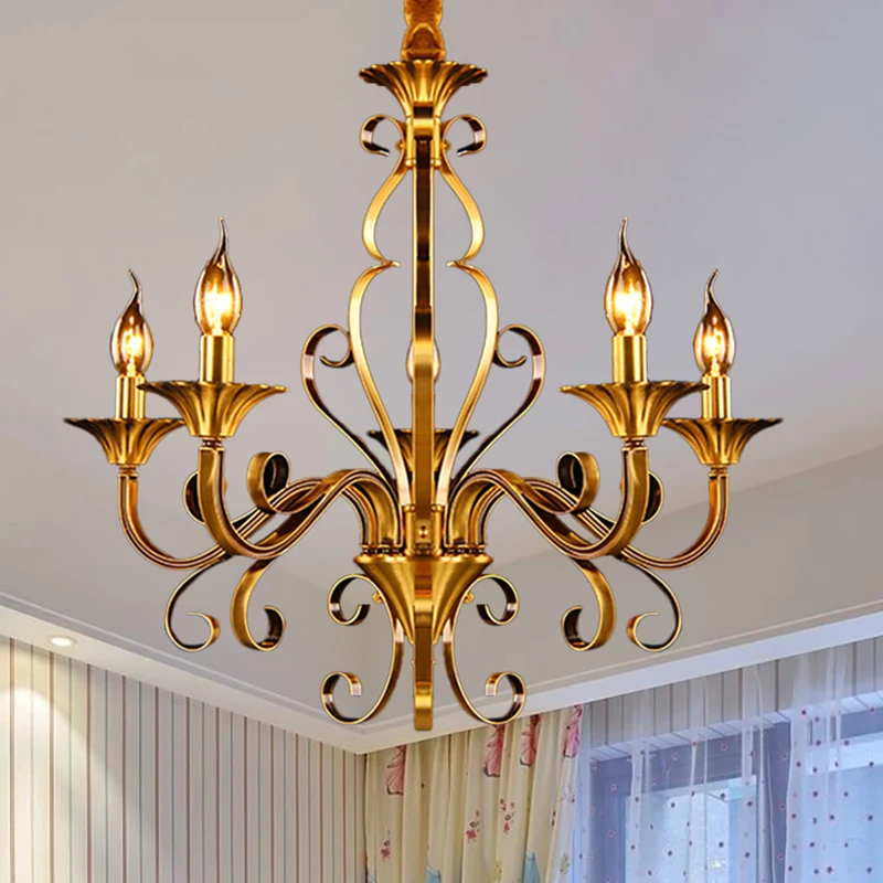5/6/8 lichten kroonluchter hanglamp kolonialisme kaarsvorm metalen plafondophanging licht goud con 8 Modos de Luz