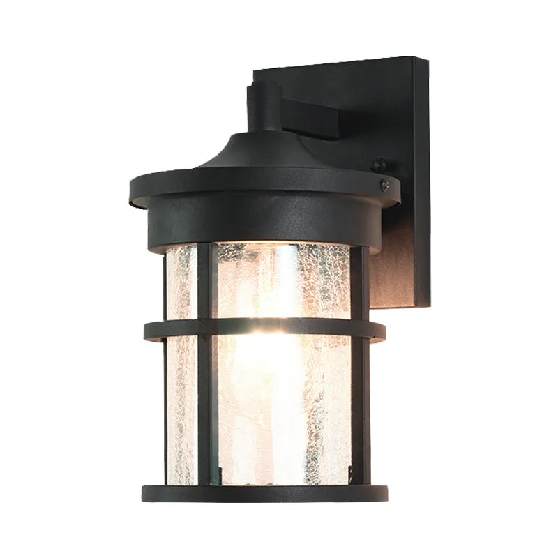 Lámpara de pared cilíndrica para exteriores, cristal craquelado vintage, 1 luz, aplique negro, 6"/8" de vasto Negro