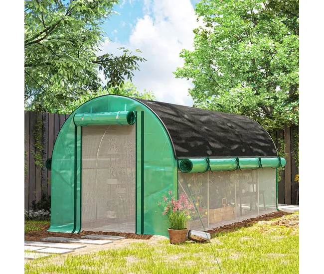 Riego Outsunny Invernadero de Exterior 4,5x2x2 m Invernadero de Túnel con Paredes Laterales Enrollables Cubierta Extra 8 V...