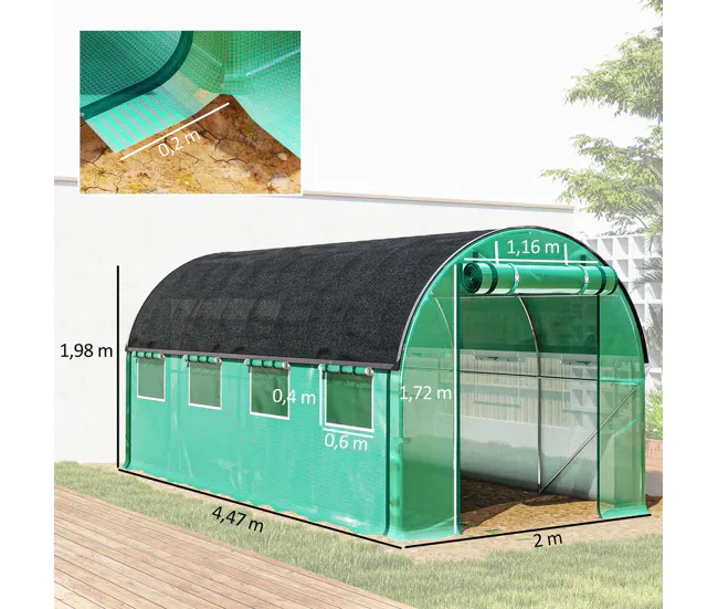 Riego Outsunny Invernadero de Exterior 4,5x2x2 m Invernadero de Túnel con Paredes Laterales Enrollables Cubierta Extra 8 V...