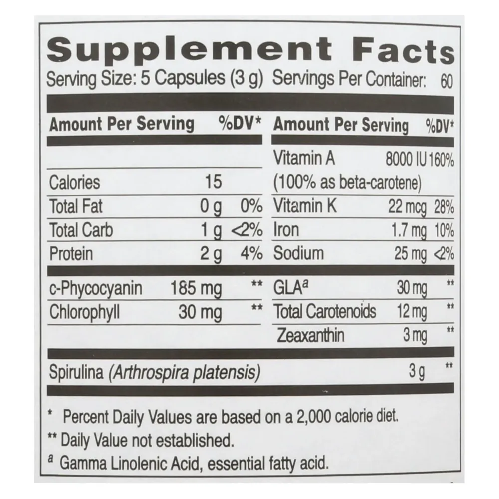 Espirulina natural Earthrise - 600 mg - 300 cápsulas