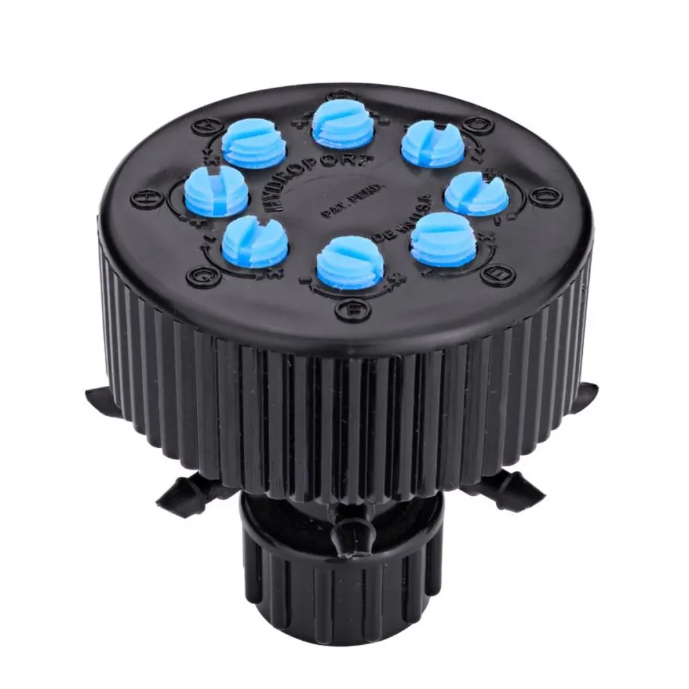 Colector de riego por goteo de plástico negro Raindrip de 30 GPH, 30 PSI, 8 puertos, entrada de 1/2 x salida de 1/4 pulg.
