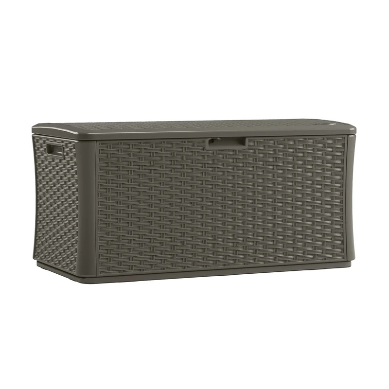 Caja de cubierta de plástico gris Suncast con capacidad de 134 galones, 27 pulgadas de alto x 55 pulgadas de ancho x 29 pu...