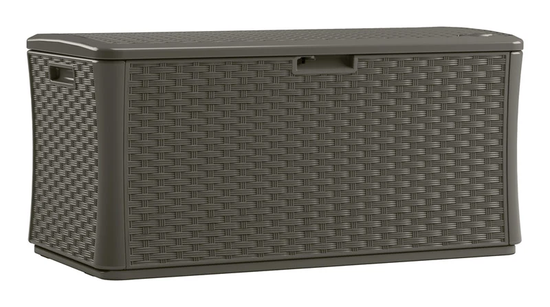 Caja de cubierta de plástico gris Suncast con capacidad de 134 galones, 27 pulgadas de alto x 55 pulgadas de ancho x 29 pu...