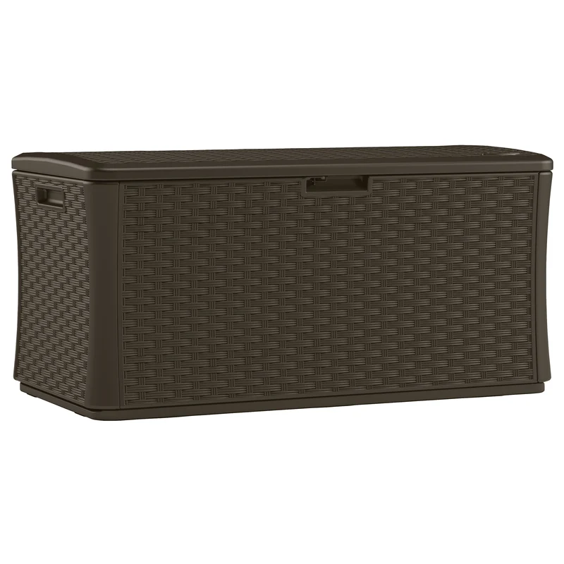 Caja de cubierta de plástico marrón Suncast con capacidad de 134 galones, 55 pulgadas de ancho x 29 pulgadas de profundidad.