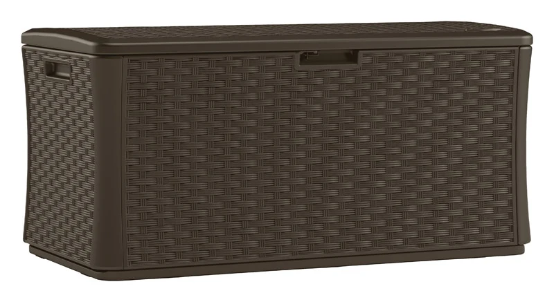 Caja de cubierta de plástico marrón Suncast con capacidad de 134 galones, 55 pulgadas de ancho x 29 pulgadas de profundidad.