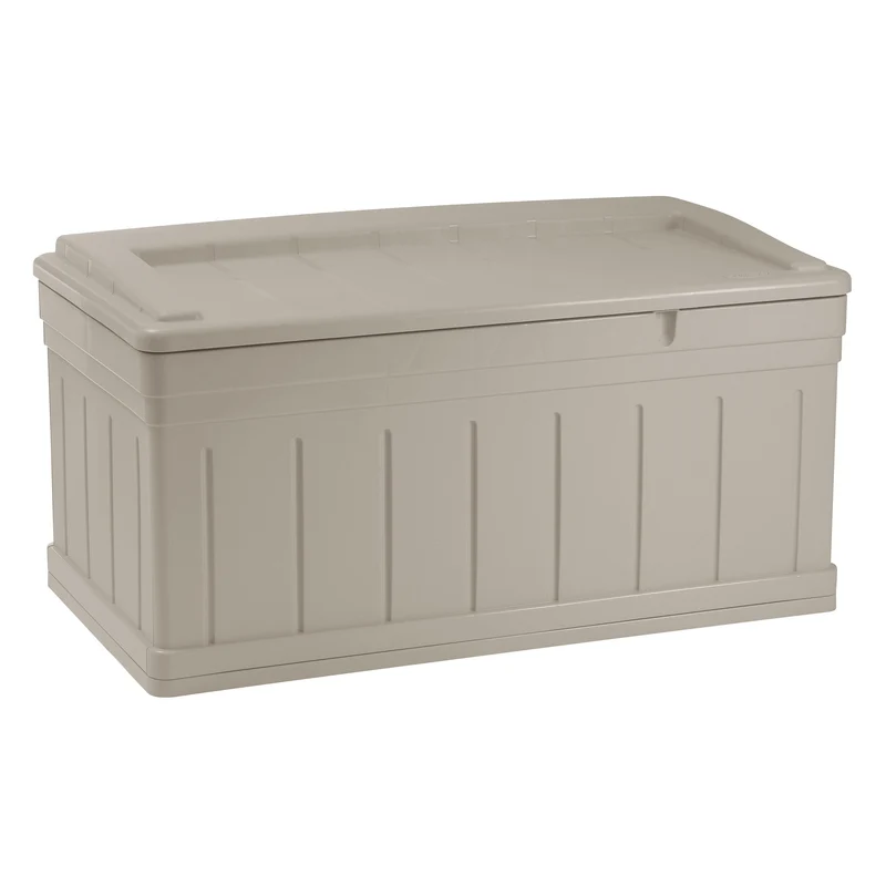 Caja de plástico beige Suncast con capacidad de 129 galones, 28 pulgadas de alto x 53 pulgadas de ancho x 29 pulgadas de p...