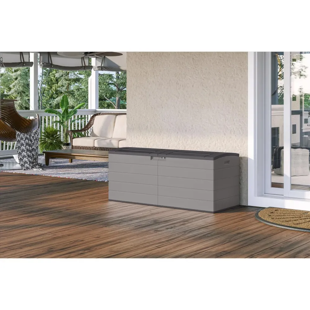Caja de plástico gris Suncast de 59 pulgadas de ancho x 23 pulgadas de profundidad para cubierta, 120 galones