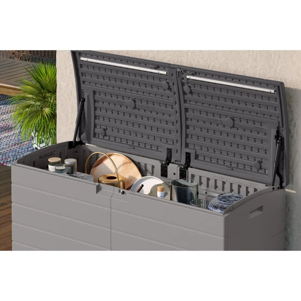 Caja de plástico gris Suncast de 59 pulgadas de ancho x 23 pulgadas de profundidad para cubierta, 120 galones