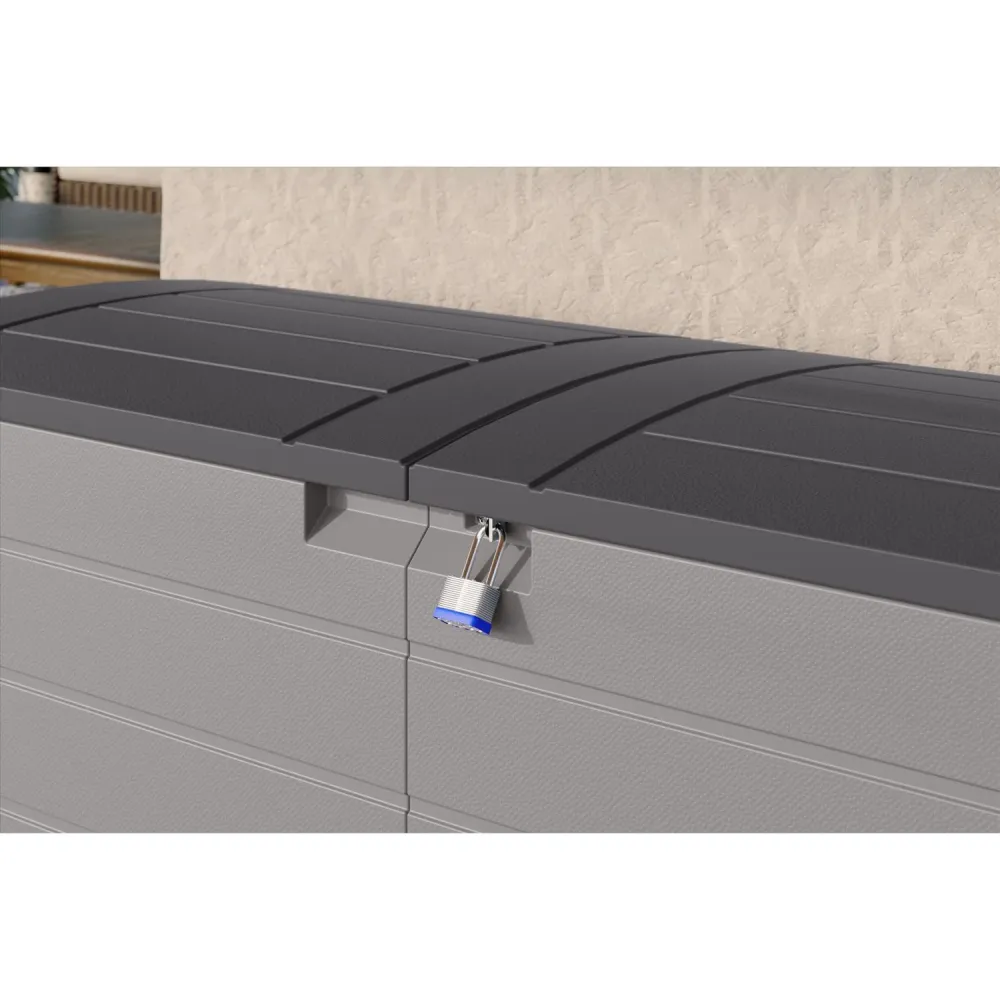 Caja de plástico gris Suncast de 59 pulgadas de ancho x 23 pulgadas de profundidad para cubierta, 120 galones