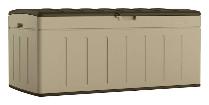 Caja de plástico Suncast de 23 pulgadas de alto x 52 pulgadas de ancho x 26,75 pulgadas de profundidad en color beige