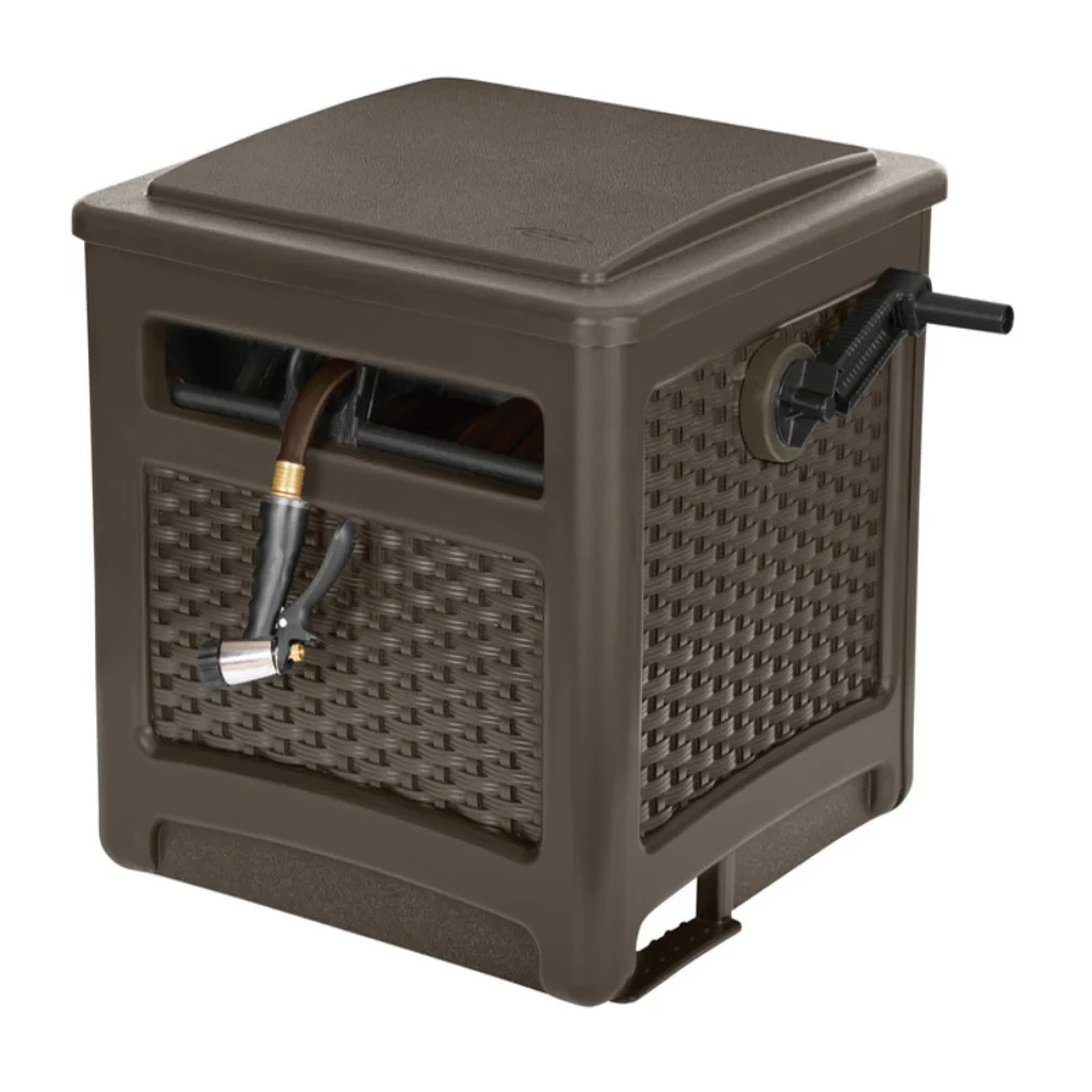 Carrete de manguera de mimbre independiente y oculto de resina marrón Suncast Smart Trak con capacidad de 225 pies