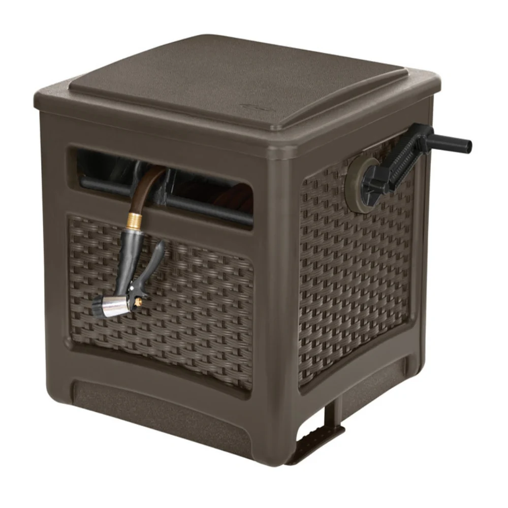 Carrete de manguera de mimbre independiente y oculto de resina marrón Suncast Smart Trak con capacidad de 225 pies