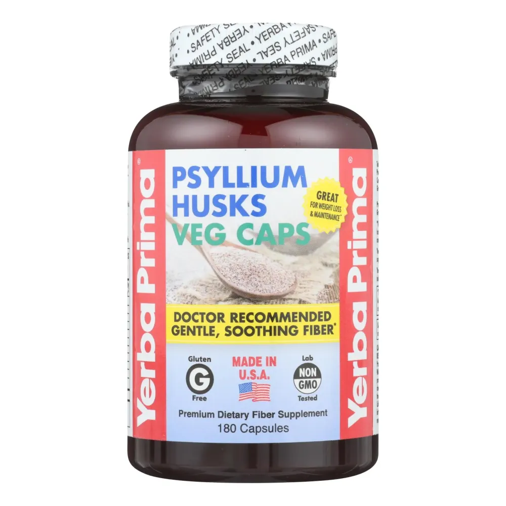 Cápsulas vegetales de cáscara de psyllium de Yerba Prima - 625 mg - 180 cápsulas vegetarianas