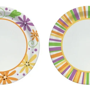 Plato de papel para fiestas de jardín con diseño de rayas y flores, 7 pulgadas de diámetro, paquete de 48 (paquete de 12)...