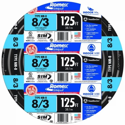 Cable no metálico Romex tipo NM-B WG trenzado 8/3 de 125 pies de Southwire