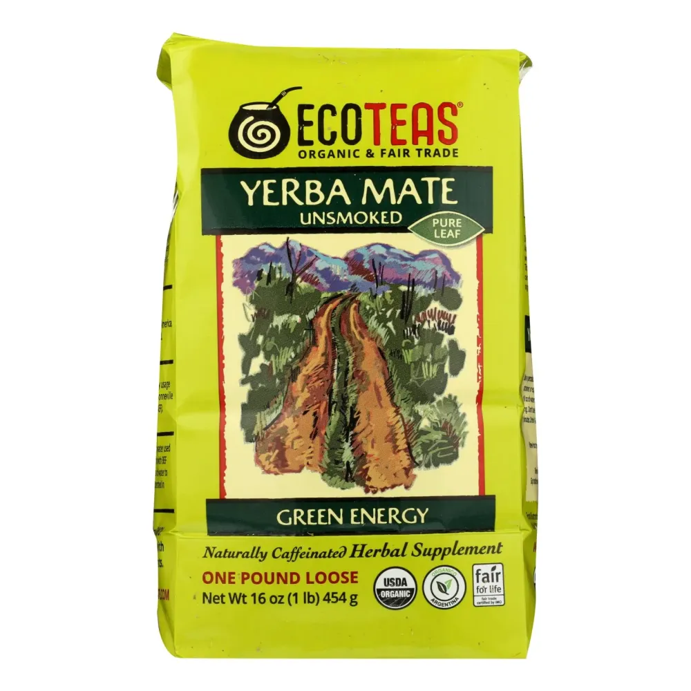 Té suelto de yerba mate orgánico sin ahumar, verde y energético de Ecoteas, caja de 6, 1 libra (paquete de 6)
