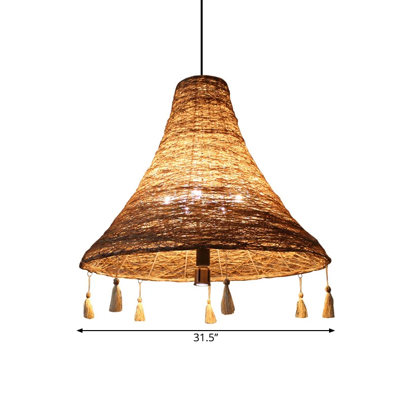Lampadario sospensione svasato corda di Manila asiatica da 23,5"/31,5" di larghezza con 3 lampadine, lampadario giallo con...