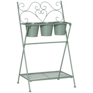 Outsunny Soporte de Metálico para Plantas Plegable con 3 Macetas Incluidas y Estante Inferior Porta Macetero Decorativo de...