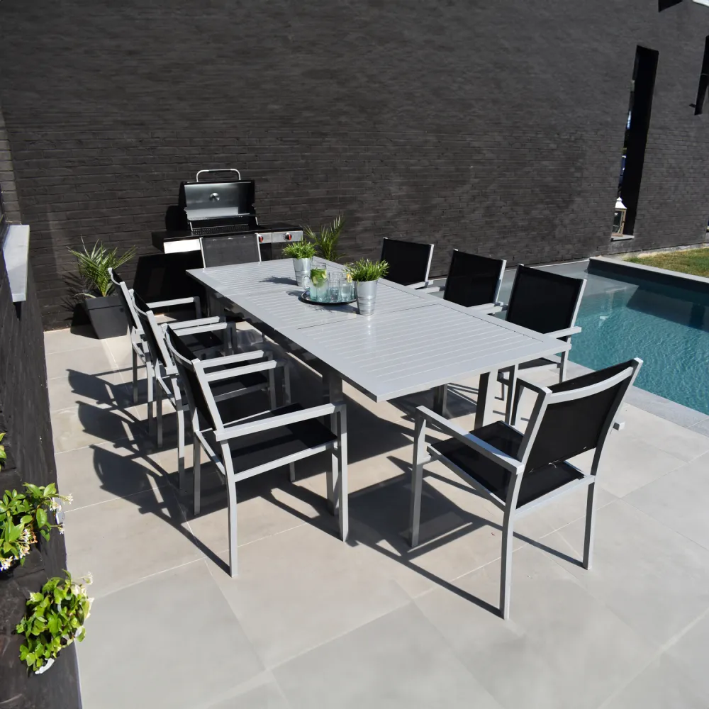 Conjunto jardín extensible capri 8 plazas textileno negro aluminio gris Resistente la Intemperie
