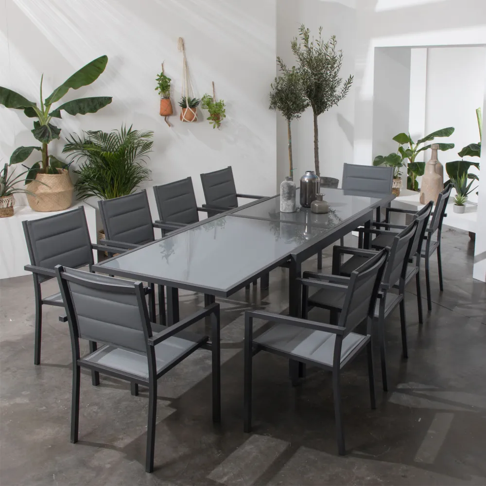 Conjunto jardín extensible lampedusa 10 plazas textil gris alum antracita para Terraza y Piscina