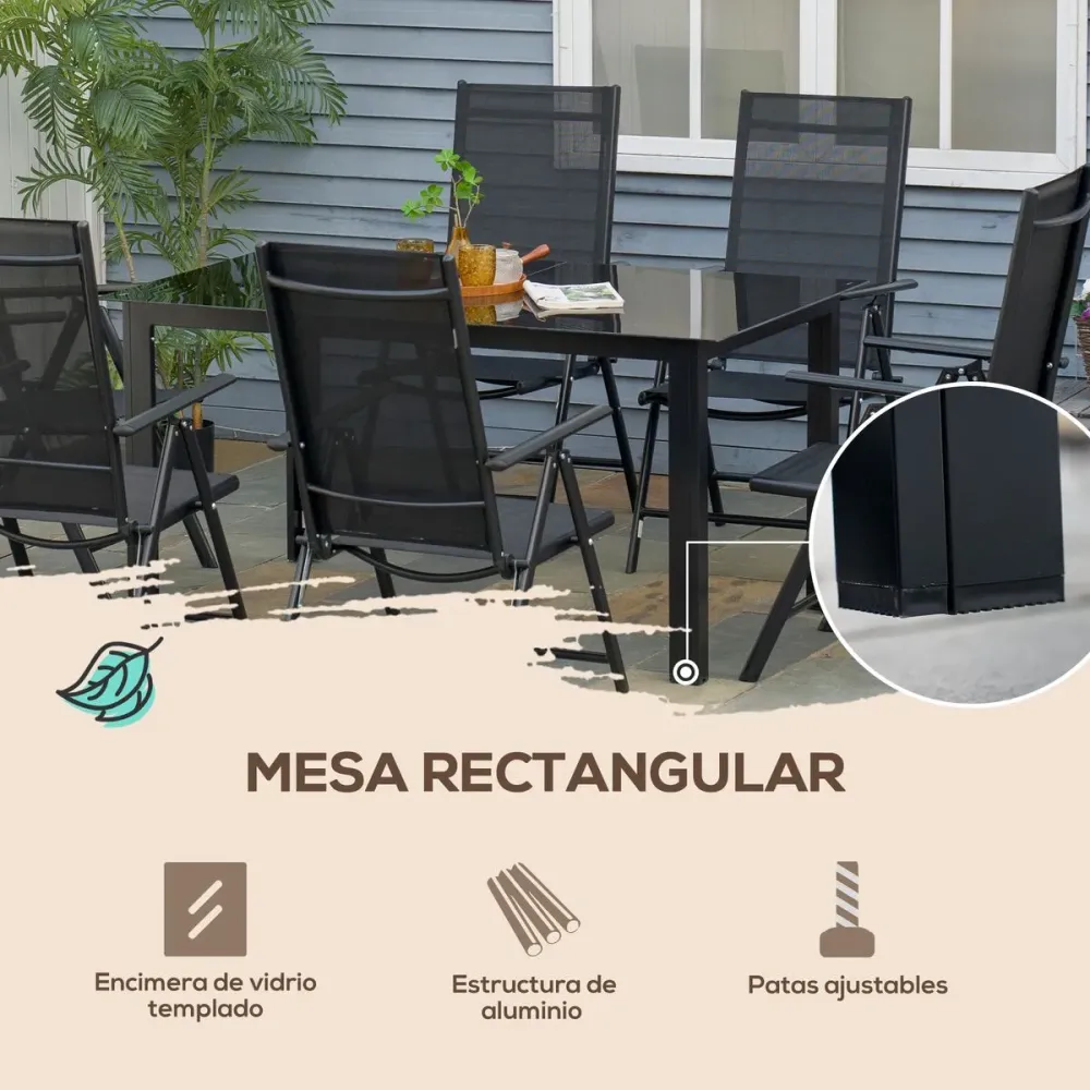 Conjunto de jardín 1 mesa + 6 sillas plegables negro Fácil Mantenimiento