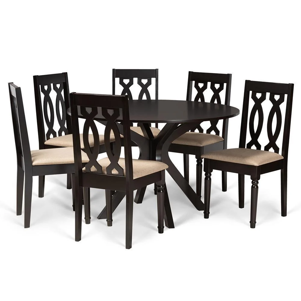 Juego de comedor Callie de 7 piezas, vanguardista y contemporáneo, tapizado en tela color arena y madera con acabado marró...