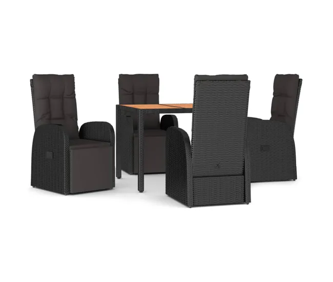 Juego comedor jardin 5 piezas madera acacia ratán sintético negro con Cojines Prueba de Agua
