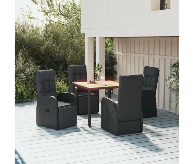 Juego comedor jardin 5 piezas madera acacia ratán sintético negro con Cojines Prueba de Agua