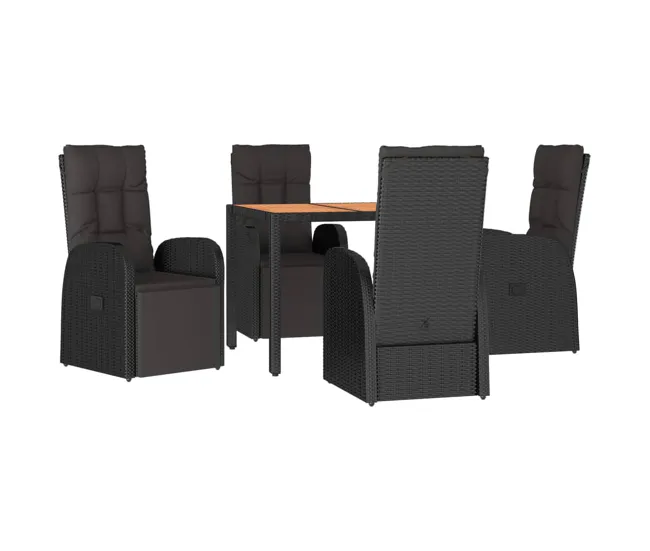 Juego comedor jardin 5 piezas madera acacia ratán sintético negro con Cojines Prueba de Agua