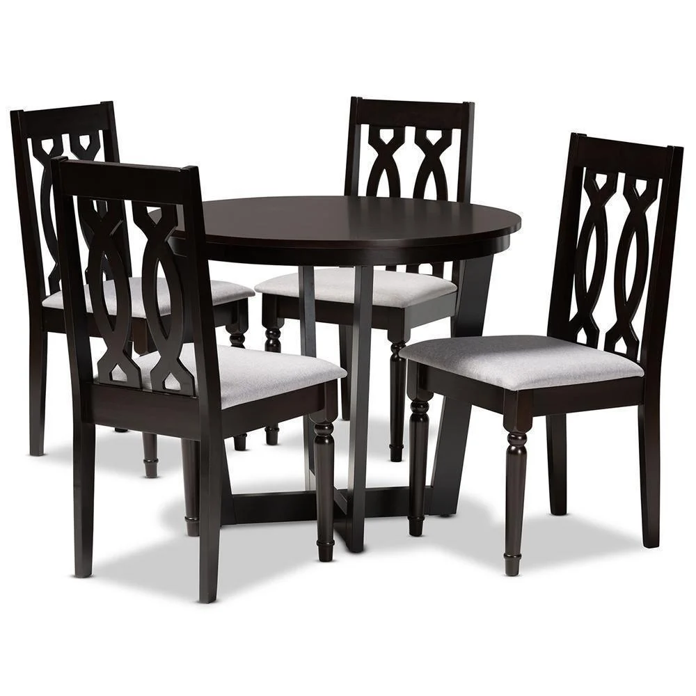 Juego de comedor Julie de 5 piezas, reciente y contemporáneo, tapizado en tela gris y madera con acabado marrón oscuro