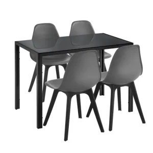 Juego de comedor Mesa + 4x sillas minimalista vidrio + plástico - 105 x 60 x 75 cm - Negro y Gris | Incluye Mesa y 4 Sillas |
