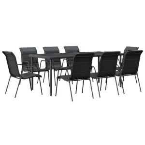 Juego de comedor para jardin 9 piezas acero y textilene negro - Incluye Mesa y Sillas
