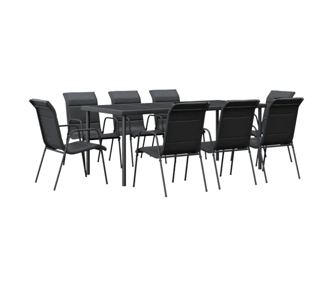 Juego de comedor para jardin 9 piezas acero y textilene negro - Incluye Mesa y Sillas