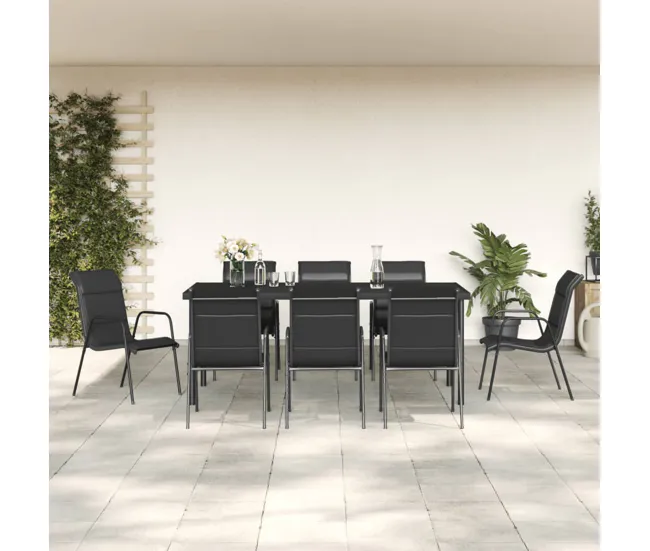 Juego de comedor para jardin 9 piezas acero y textilene negro - Incluye Mesa y Sillas