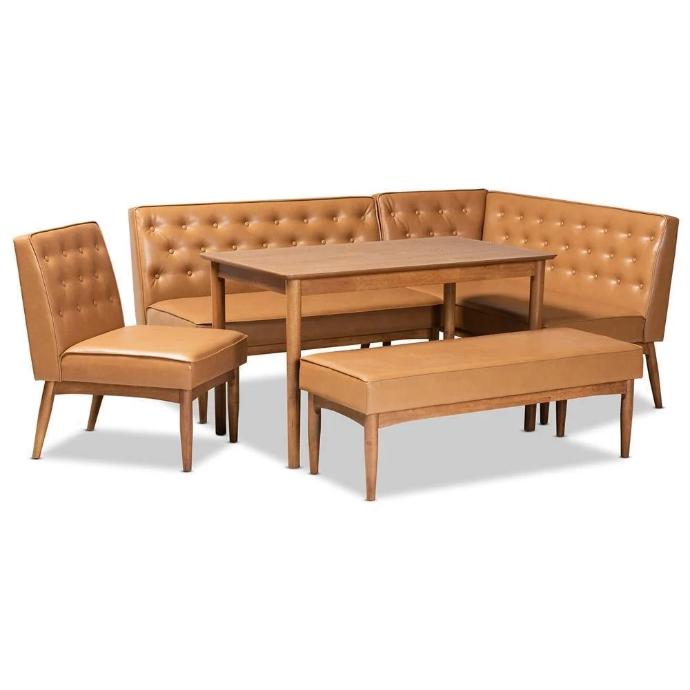 Juego de comedor de 5 piezas Riordan de mediados de siglo, tapizado en cuero sintético color canela y madera con acabado e...