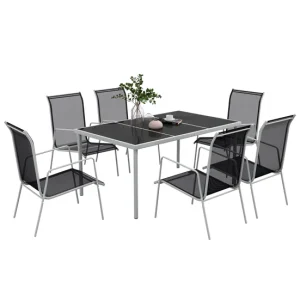 Juego de Lounge Outsunny Conjunto de Comedor de Exterior Juego de Comedor de Jardín de 7 Piezas con 1 Mesa 6 Sillas Apilab...