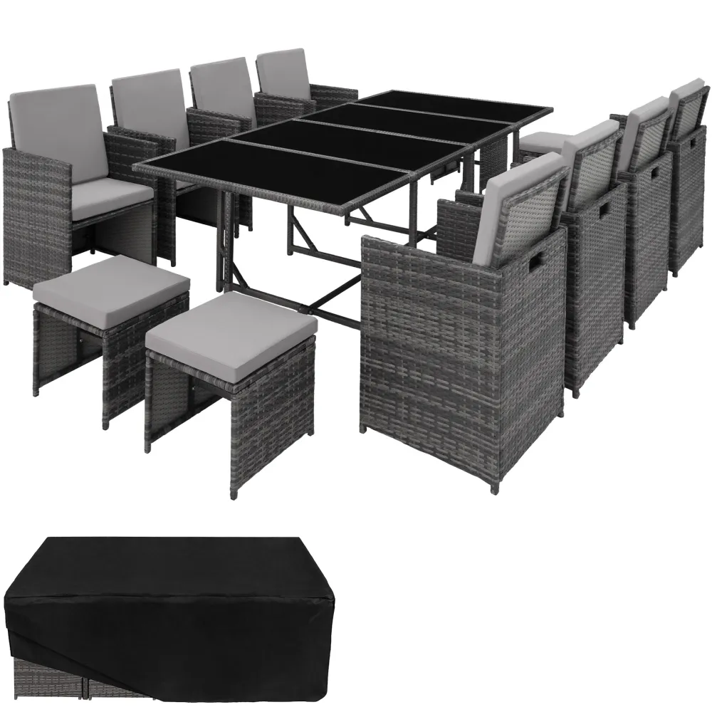Set con Mesa Conjunto de ratán palma compuesto de 8+4+1, gris