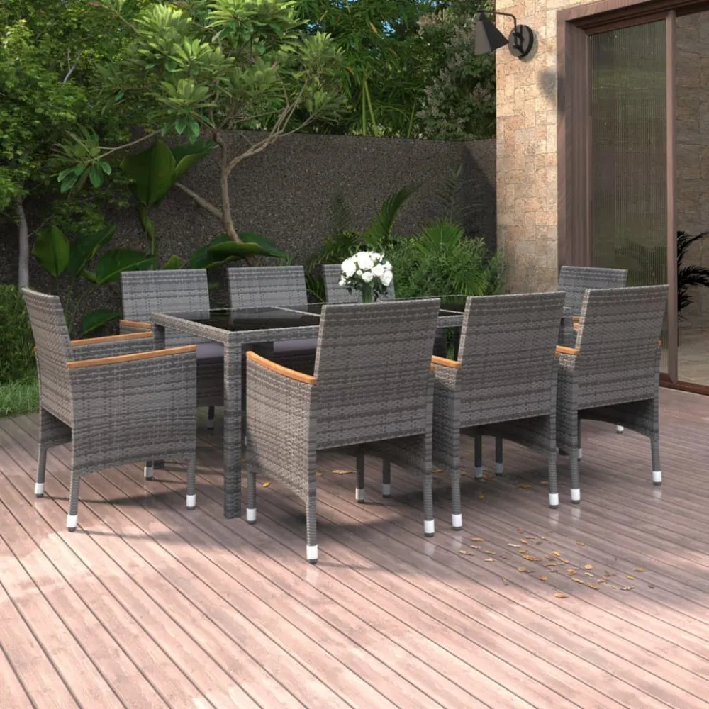 vidaXL juego de comedor de jardín 9 piezas ratán sintético gris con Mesa de Centro