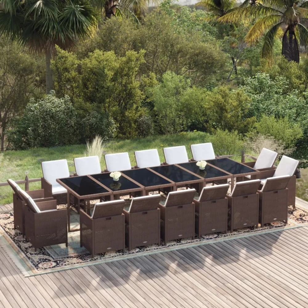 vidaXL juego comedor jardín 17 pzas con cojines ratán sintético marrón para Terraza y Piscina