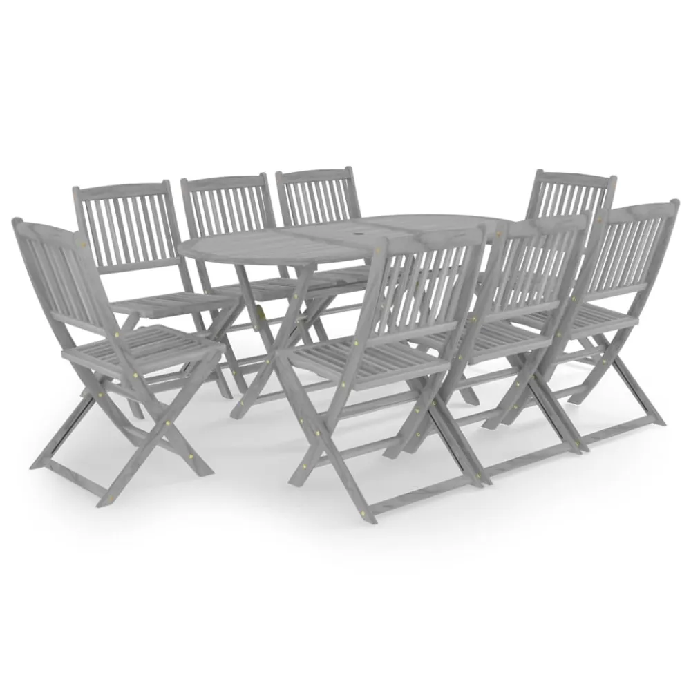 vidaXL juego de comedor de jardín 9 pzas madera maciza de acacia gris con Sombrilla Incluida