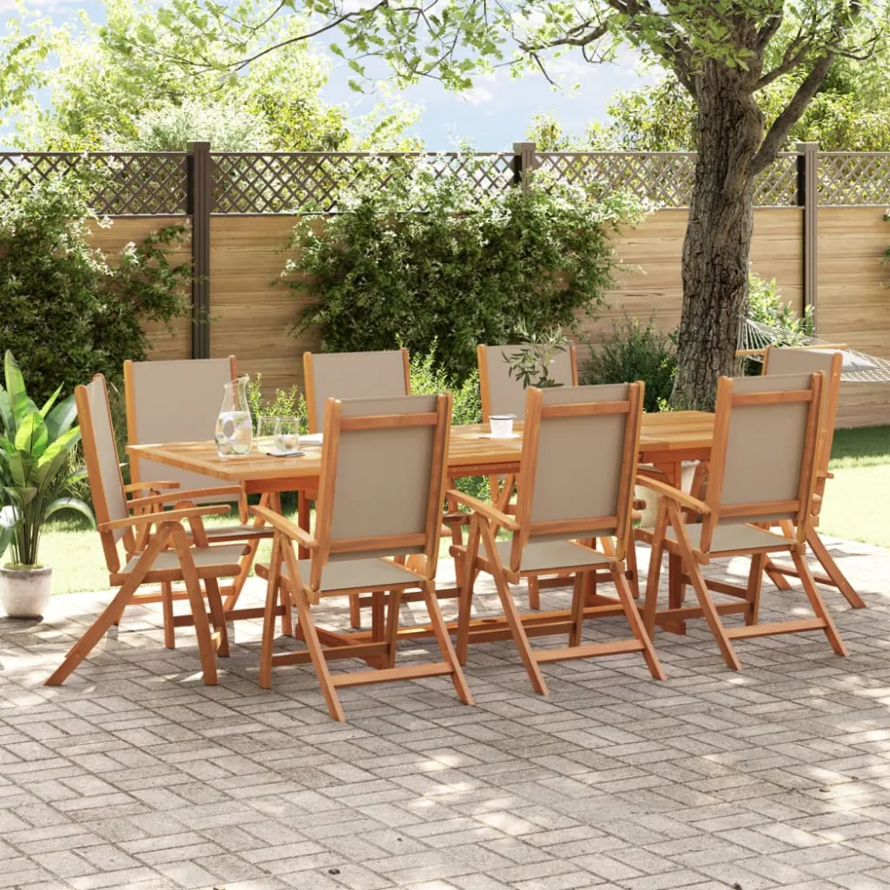 vidaXL juego comedor de jardín 9 pzas madera maciza acacia y textileno | Incluye Mesa y 4 Sillas |