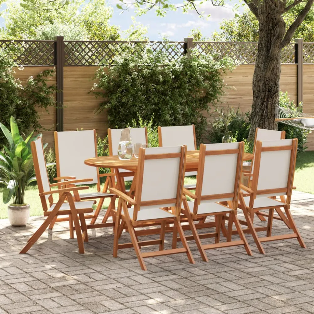 vidaXL juego comedor de jardín 9 pzas madera maciza acacia y textileno | Incluye Mesa y 4 Sillas |