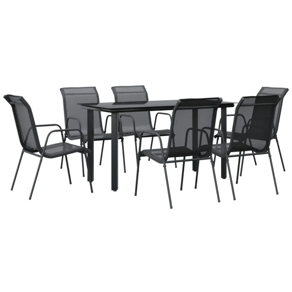 vidaXL juego de comedor para jardín 7 piezas acero y textilene negro | Incluye Mesa y 4 Sillas |